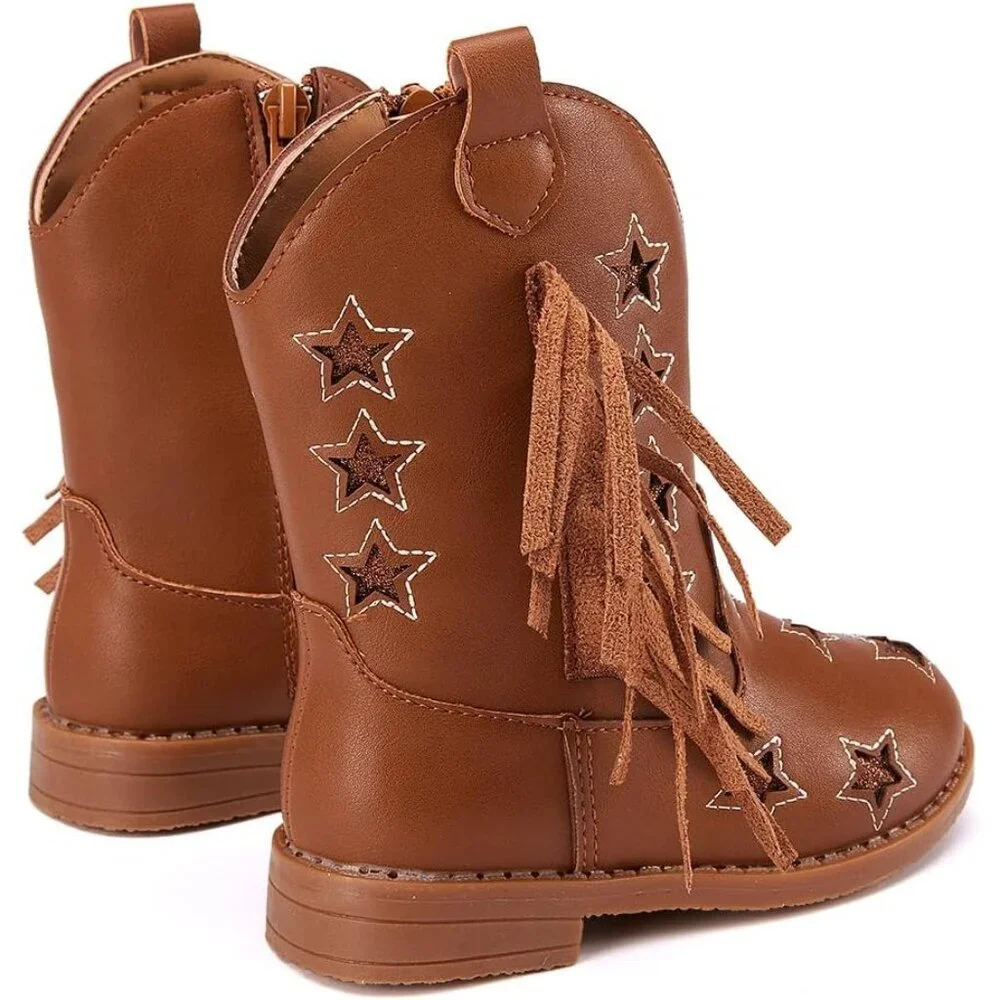 ⚡Girls 1-Brown Microfiber Little Kids Mid Calf Western Pointed Toe Riding Boots